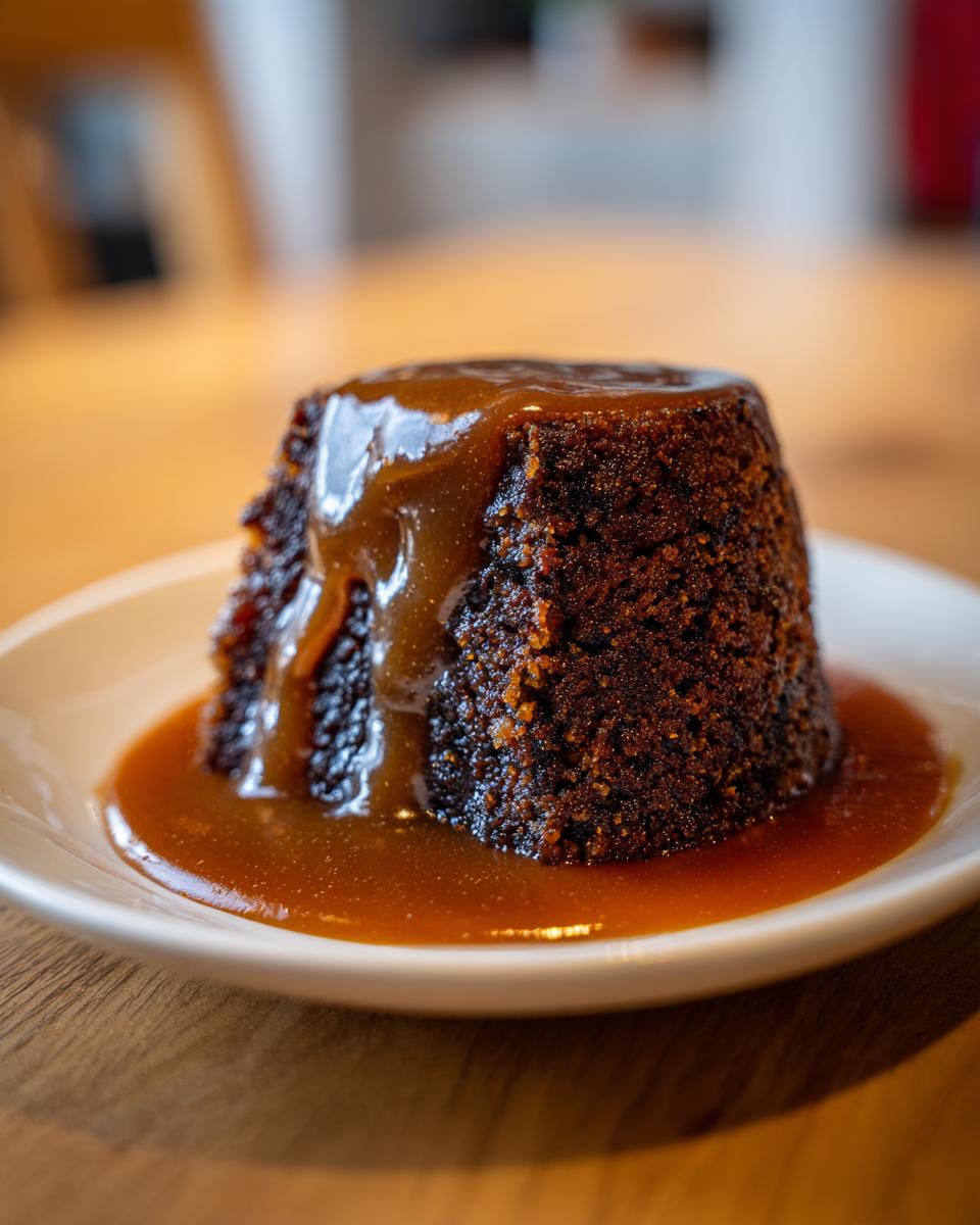 A single serving of moist sticky toffee pudding recipe, drenched in rich caramel sauce on a white plate.