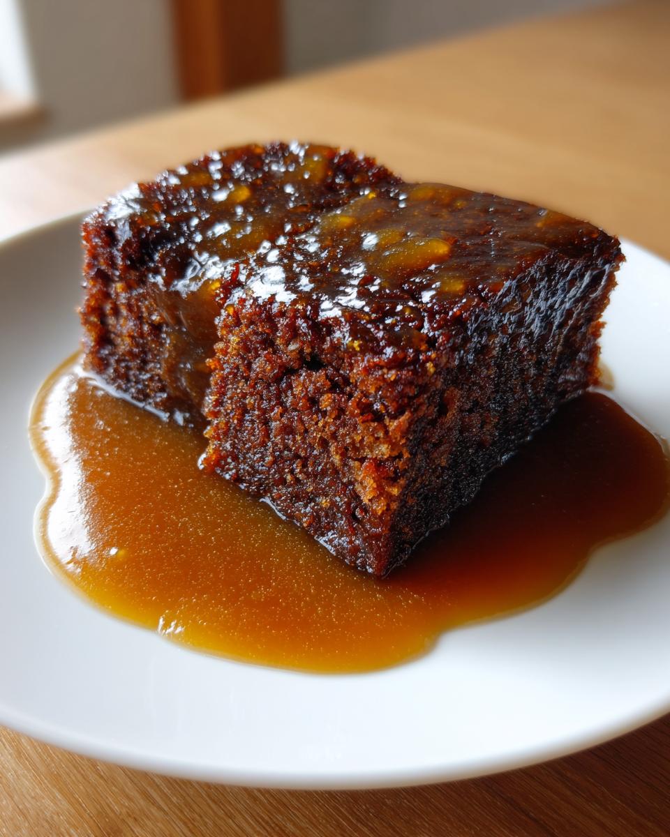 A rich, dark square of sticky toffee pudding recipe cake covered in glistening toffee sauce on a white plate.