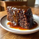 A rich, dark slice of sticky toffee pudding recipe covered in glossy toffee sauce.