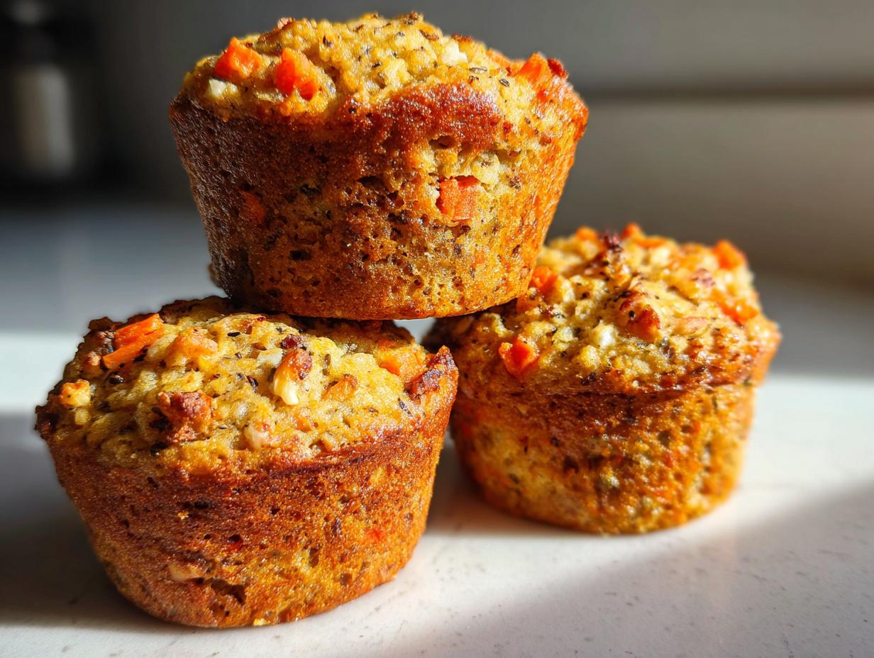 Three golden brown morning glory muffins stacked and arranged on a bright countertop, showing visible carrots and seeds.