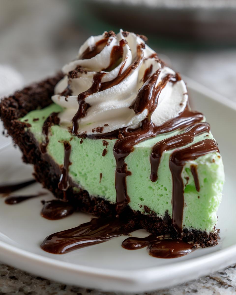 A decadent slice of no-bake grasshopper pie featuring a mint-green filling, dark chocolate crust, and whipped cream with chocolate syrup.