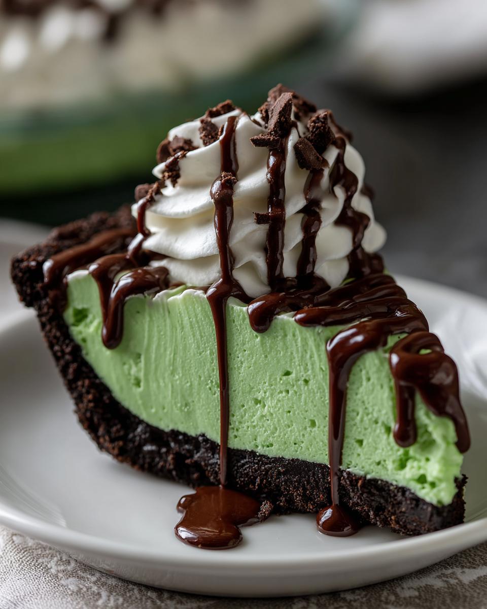 A close-up of a slice of no-bake grasshopper pie with a chocolate crust, mint filling, whipped cream, and chocolate syrup.