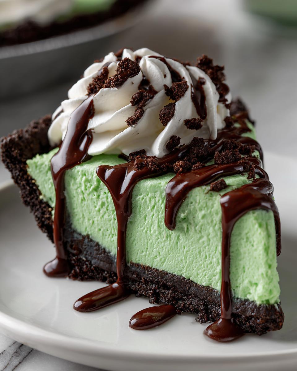 A decadent slice of no-bake grasshopper pie featuring a mint-green filling, dark crust, whipped cream, and chocolate syrup.