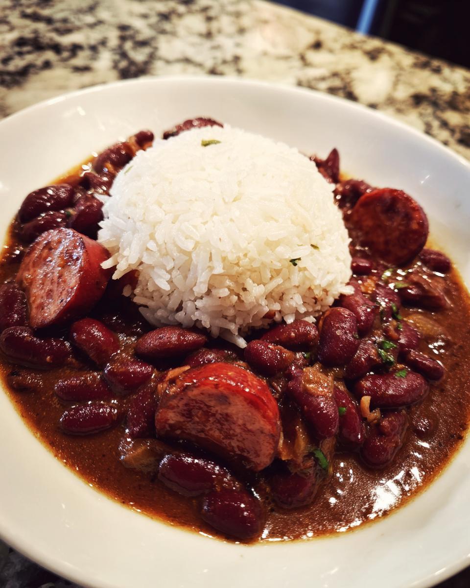 A close-up of a bowl of rich, savory beans and rice topped with slices of smoked sausage.