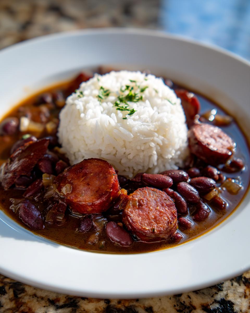 A close-up of a bowl of savory beans and rice topped with sliced smoked sausage and fresh parsley.