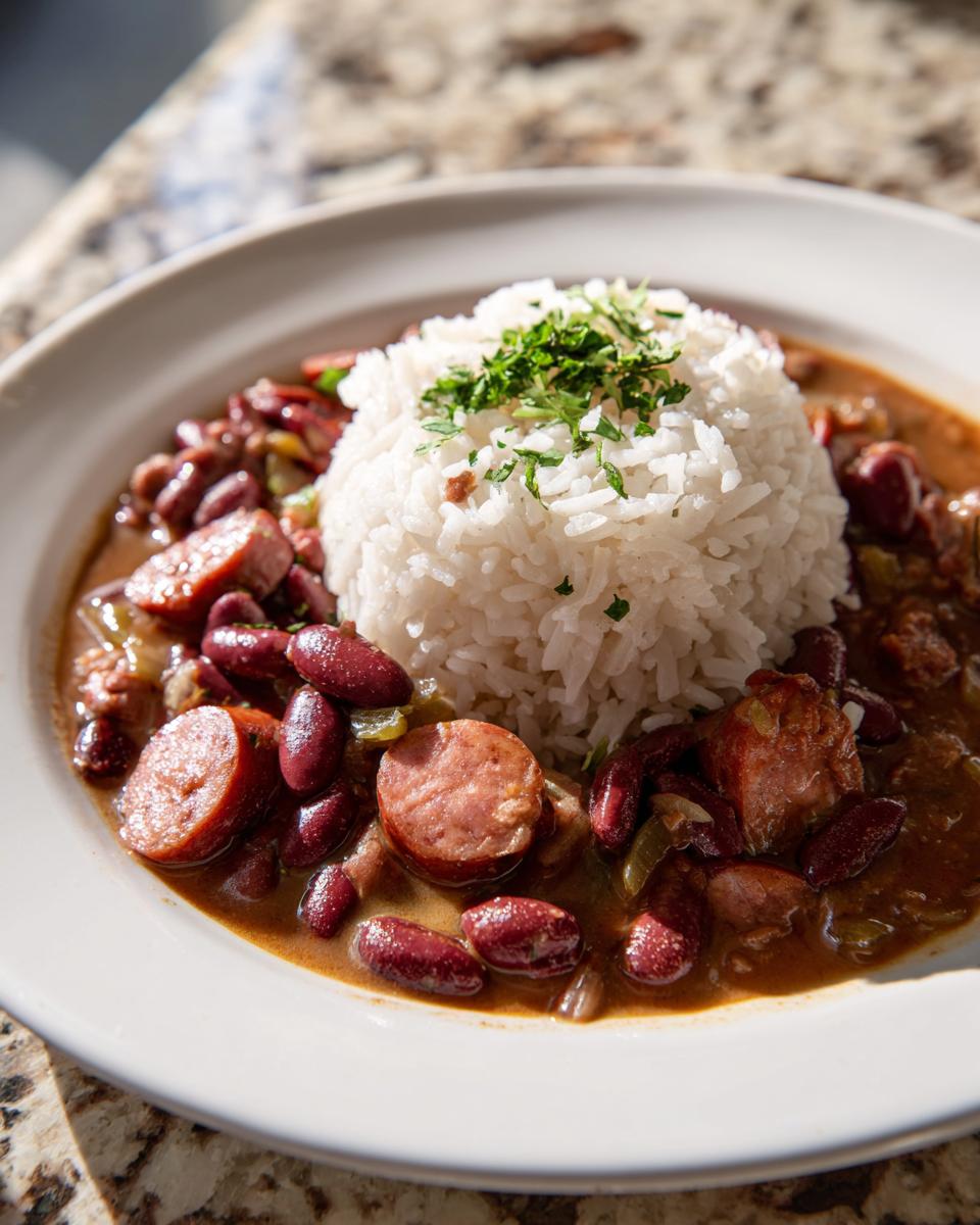 A close-up of a serving of flavorful beans and rice topped with sliced smoked sausage and fresh parsley.