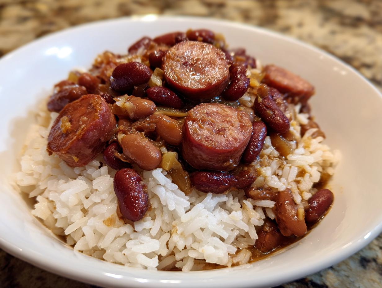 A close-up of a white bowl filled with fluffy white rice topped generously with red kidney beans and sliced smoked sausage, representing amazing 1-Pot beans and rice.