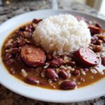 Close-up of a hearty serving of beans and rice with sliced smoked sausage in a rich brown sauce.