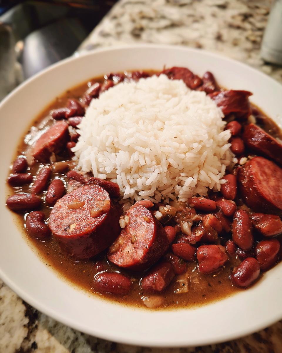 A close-up of a comforting bowl of beans and rice topped with slices of smoked sausage.