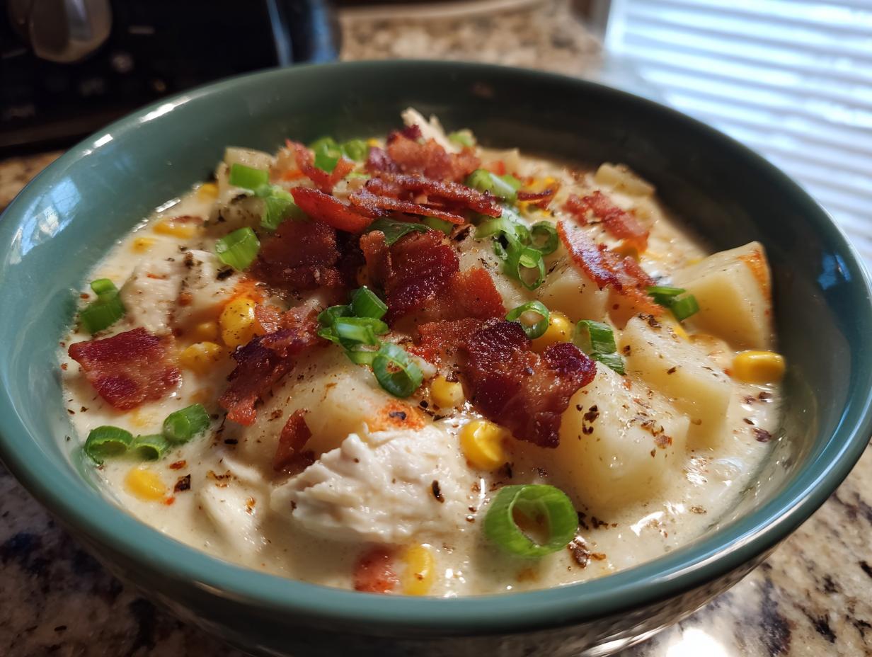 Close-up of a creamy bowl of chicken corn chowder topped with bacon, potatoes, and green onions.