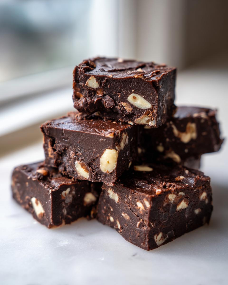 Stack of rich, dark chocolate squares of Oreo fudge studded with visible white nut pieces.