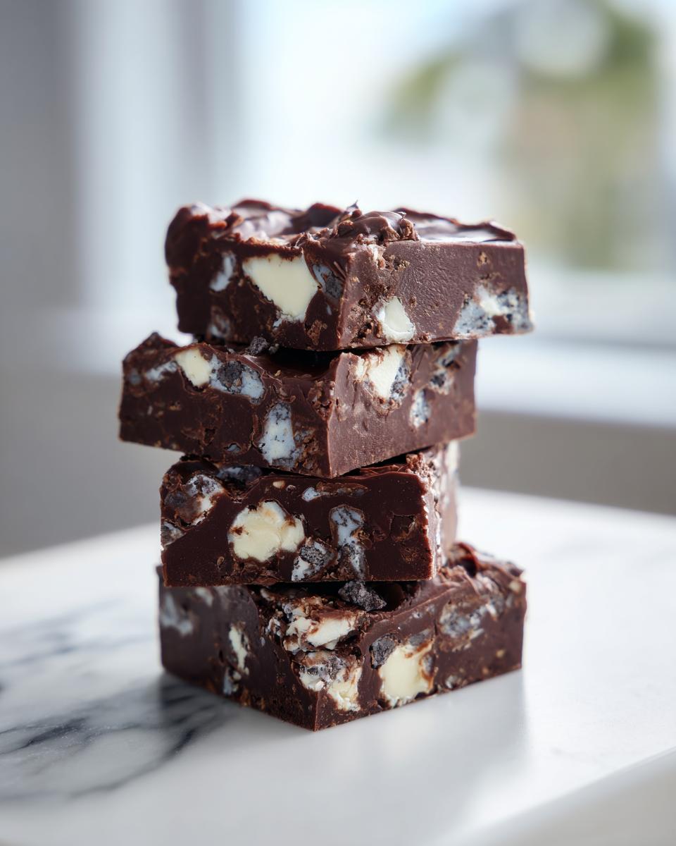 Four rich squares of Oreo fudge stacked on a white marble surface, showing chunks of white cream filling.