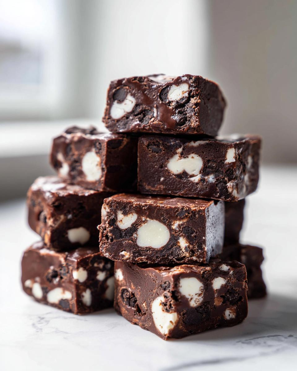 A stack of rich, dark chocolate Oreo fudge squares loaded with white cream filling pieces.
