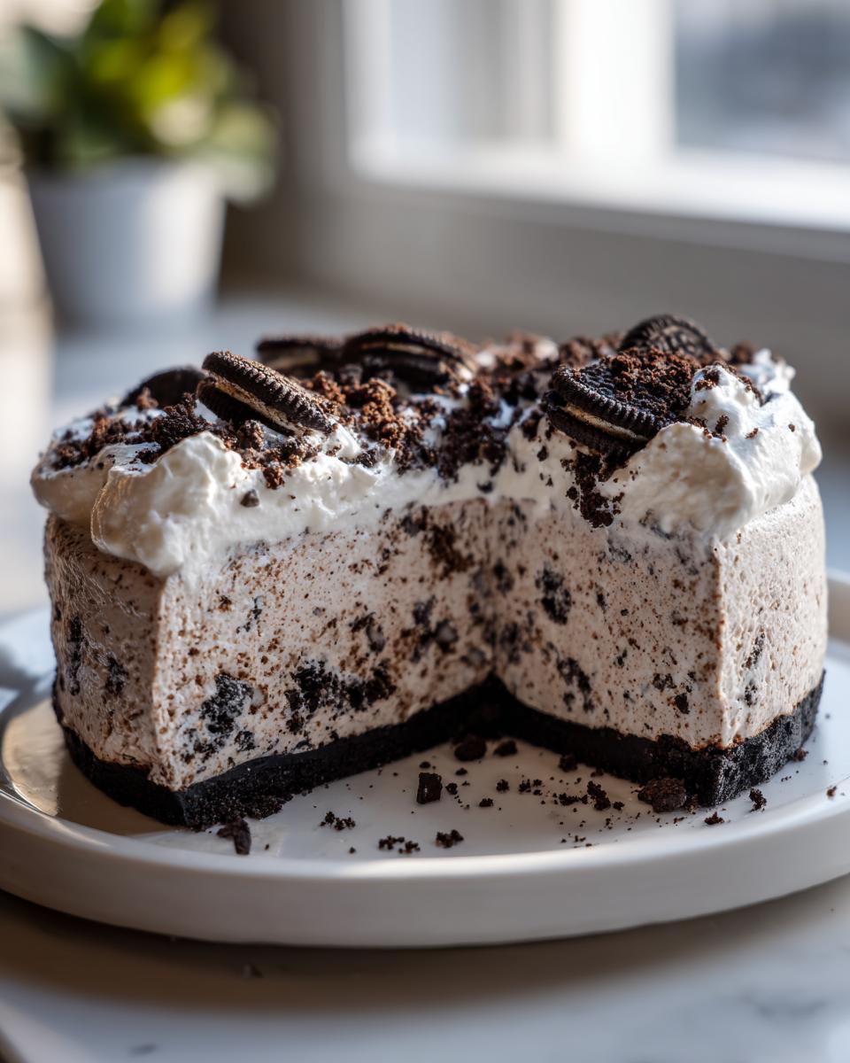 A rich, creamy Oreo ice cream pie with a slice removed, topped with whipped cream and cookie pieces.