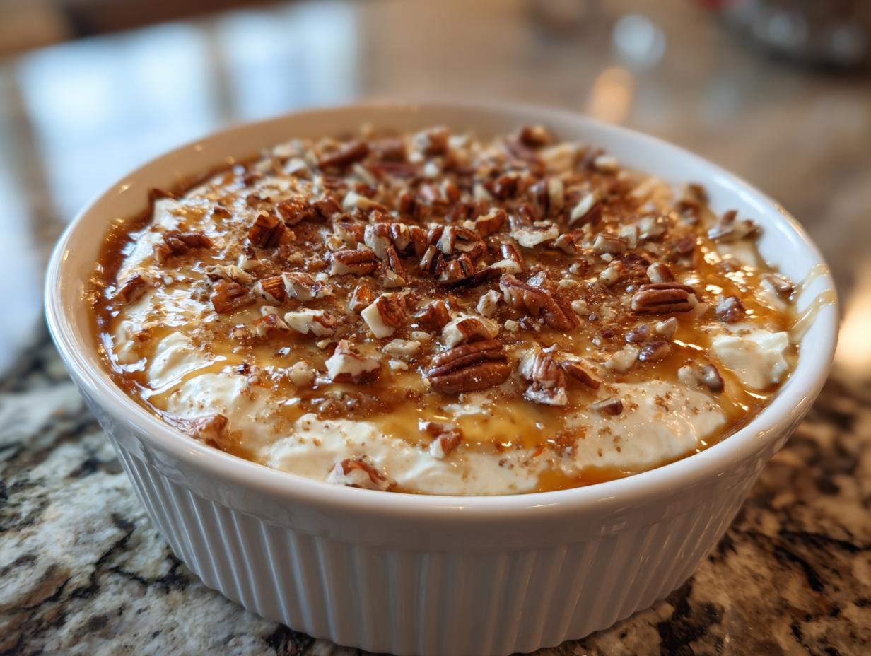 Close-up of a creamy pecan pie dip topped with caramel sauce and chopped pecans in a white dish.