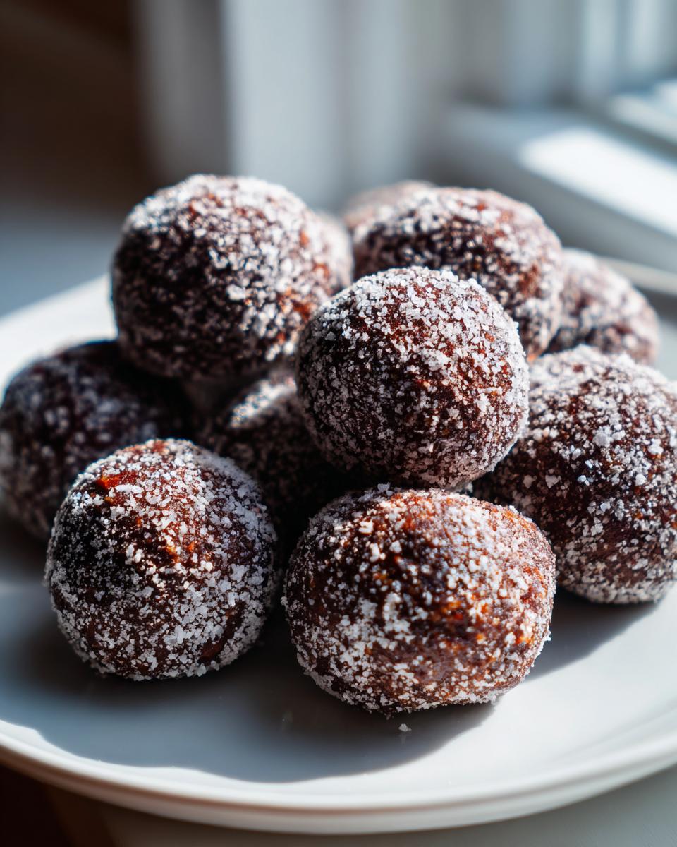 A pile of rich, dark bourbon balls generously coated in white powdered sugar.