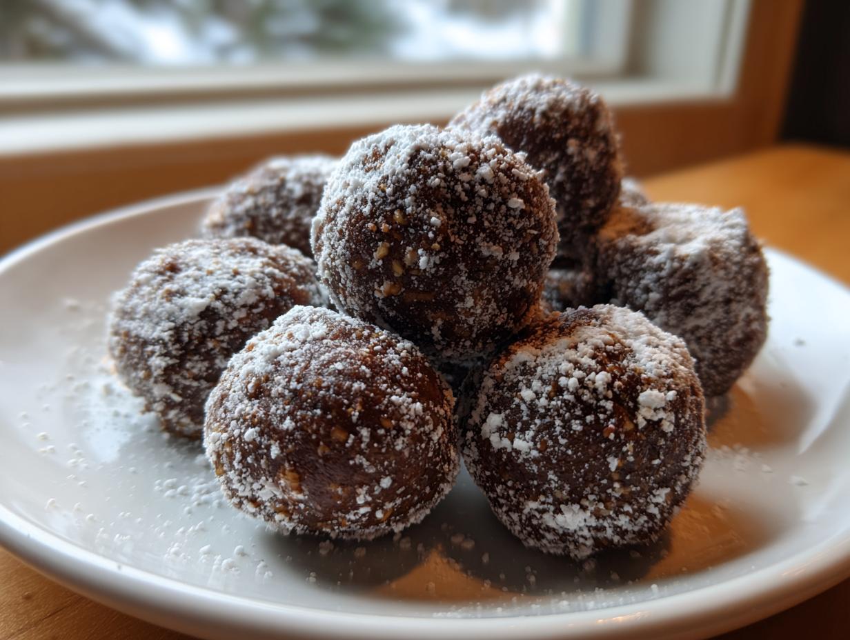 A mound of rich, dark bourbon balls generously dusted with white powdered sugar, sitting on a white plate.