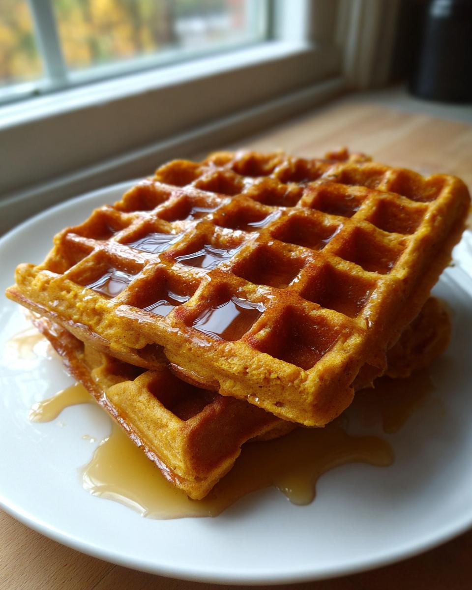 Close-up of a stack of golden-orange pumpkin waffles drizzled generously with maple syrup on a white plate.