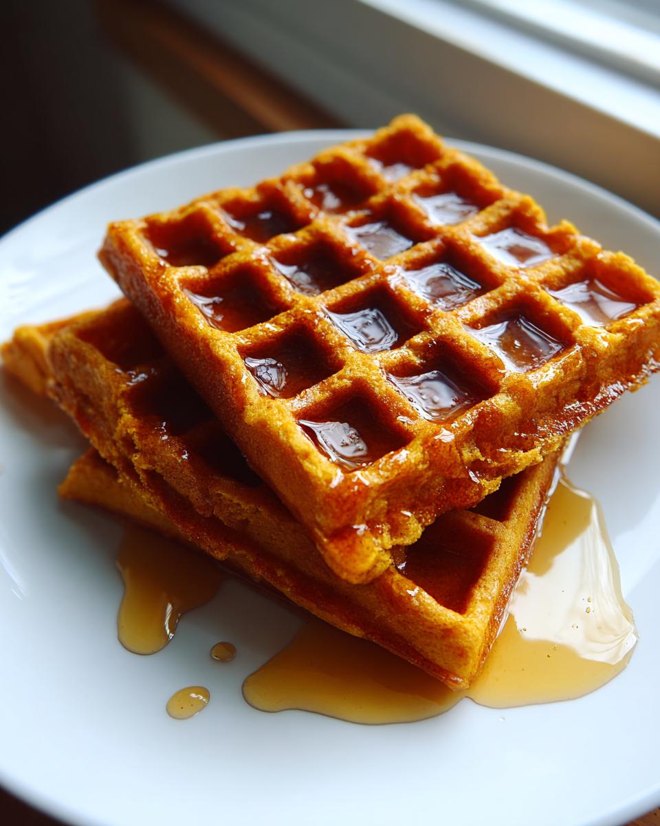 Close-up of a stack of golden brown pumpkin waffles generously drizzled with syrup on a white plate.