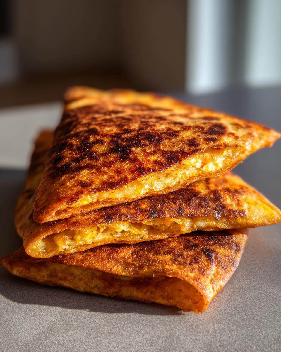 Three stacked, golden-brown, folded potato tacos with a crispy, charred exterior, showing the filling inside.