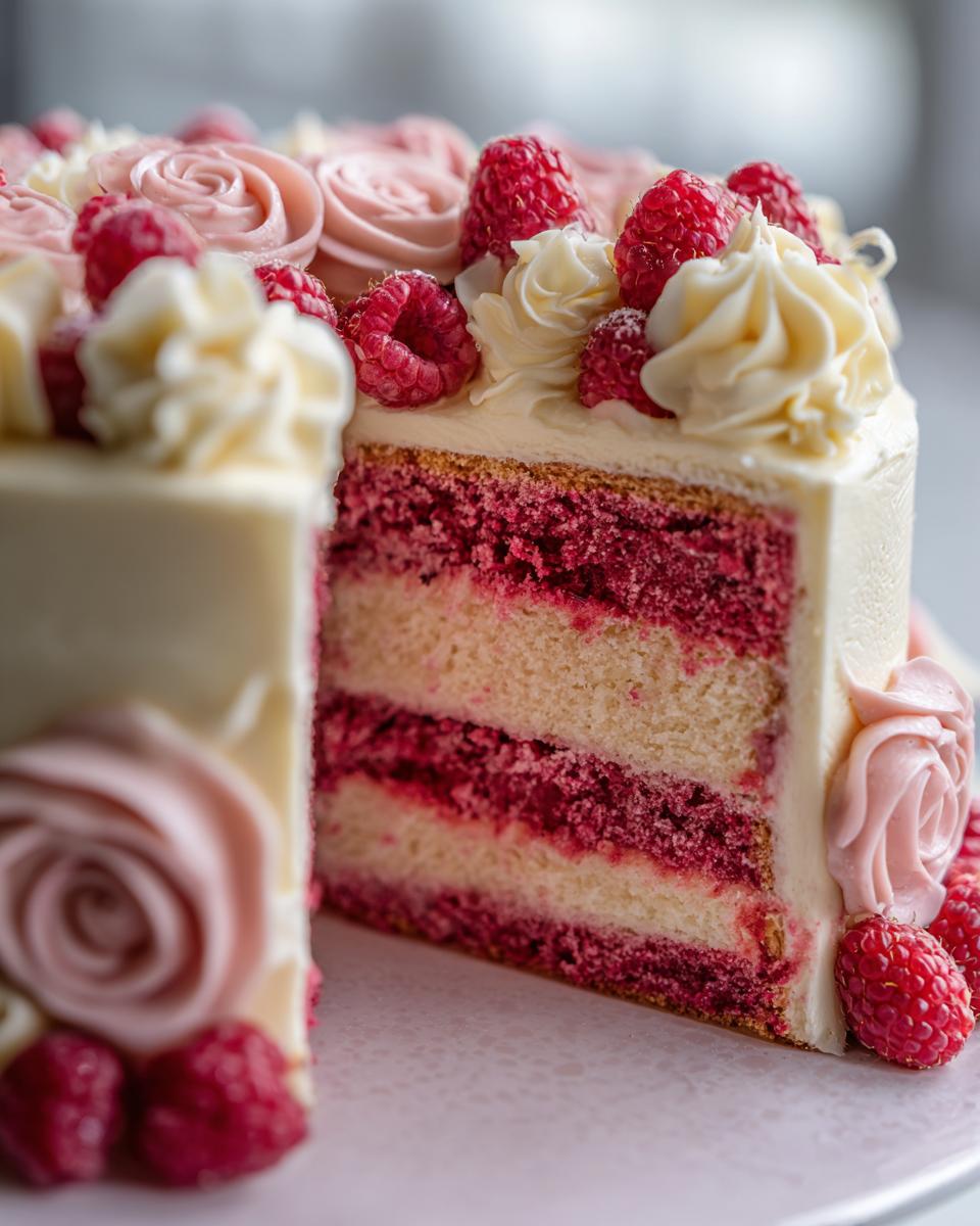 Close-up of a slice cut from a stunning rose cake, revealing raspberry layers and white frosting rosettes.
