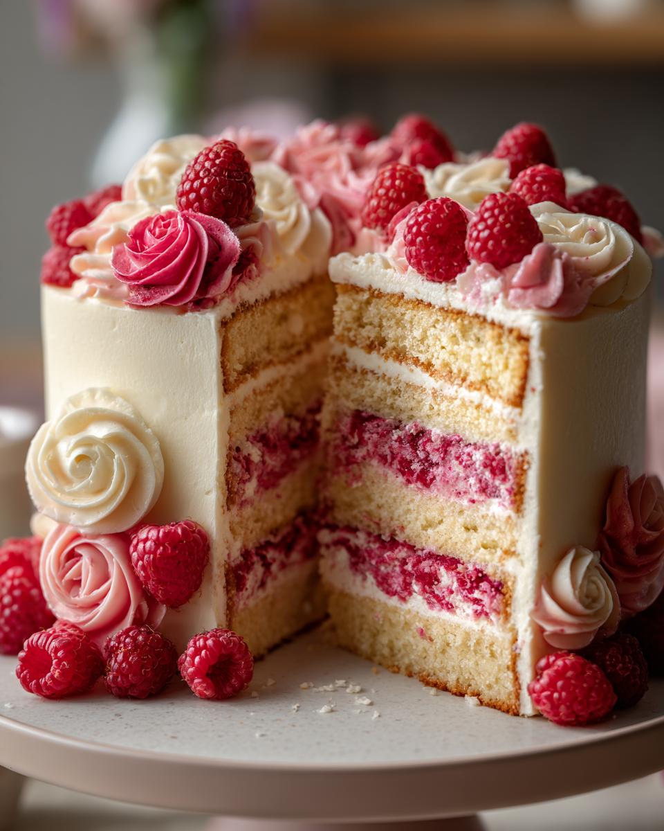 A slice cut from a beautiful white frosted rose cake, revealing layers filled with raspberry filling and topped with fresh raspberries.