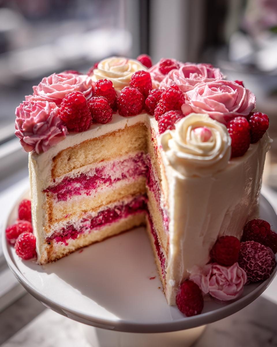 A slice removed from a beautiful white frosted rose cake decorated with pink buttercream roses and fresh raspberries.