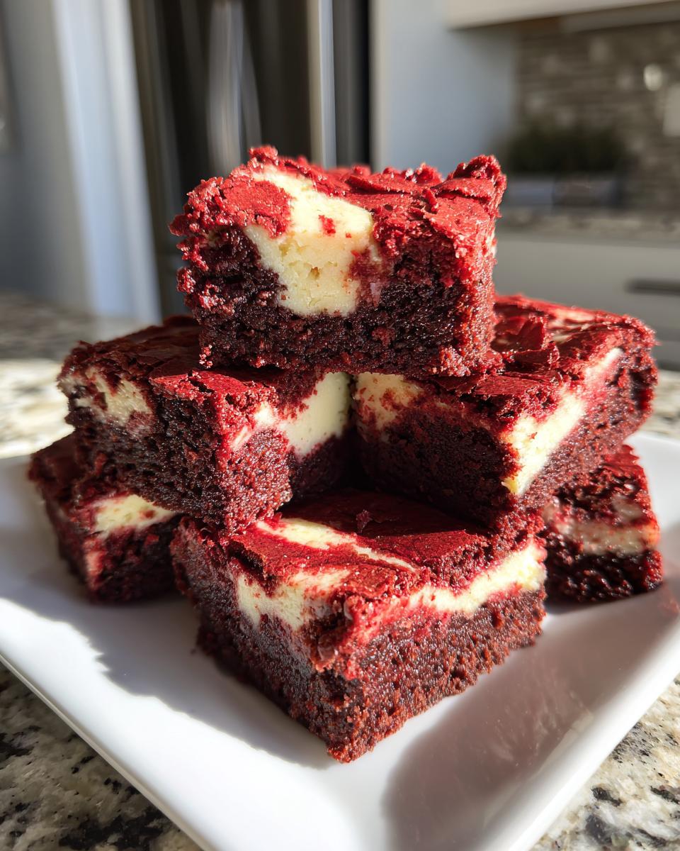 A stack of rich, dark red velvet cheesecake brownies featuring a visible white cream cheese swirl on a white square plate.