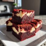 A stack of four rich, fudgy red velvet cheesecake brownies showing the distinct red cake layer and white cream cheese swirl.