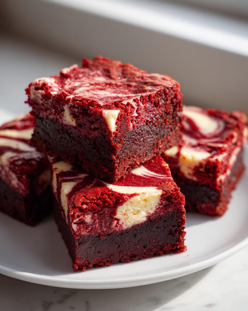 A stack of four rich, dark red velvet cheesecake brownies featuring white cream cheese swirls on top.