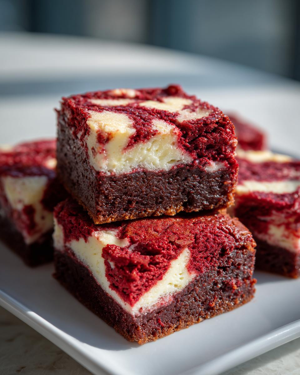 Two stacked squares of rich red velvet cheesecake brownies showing the marbled red and cream cheese swirl.