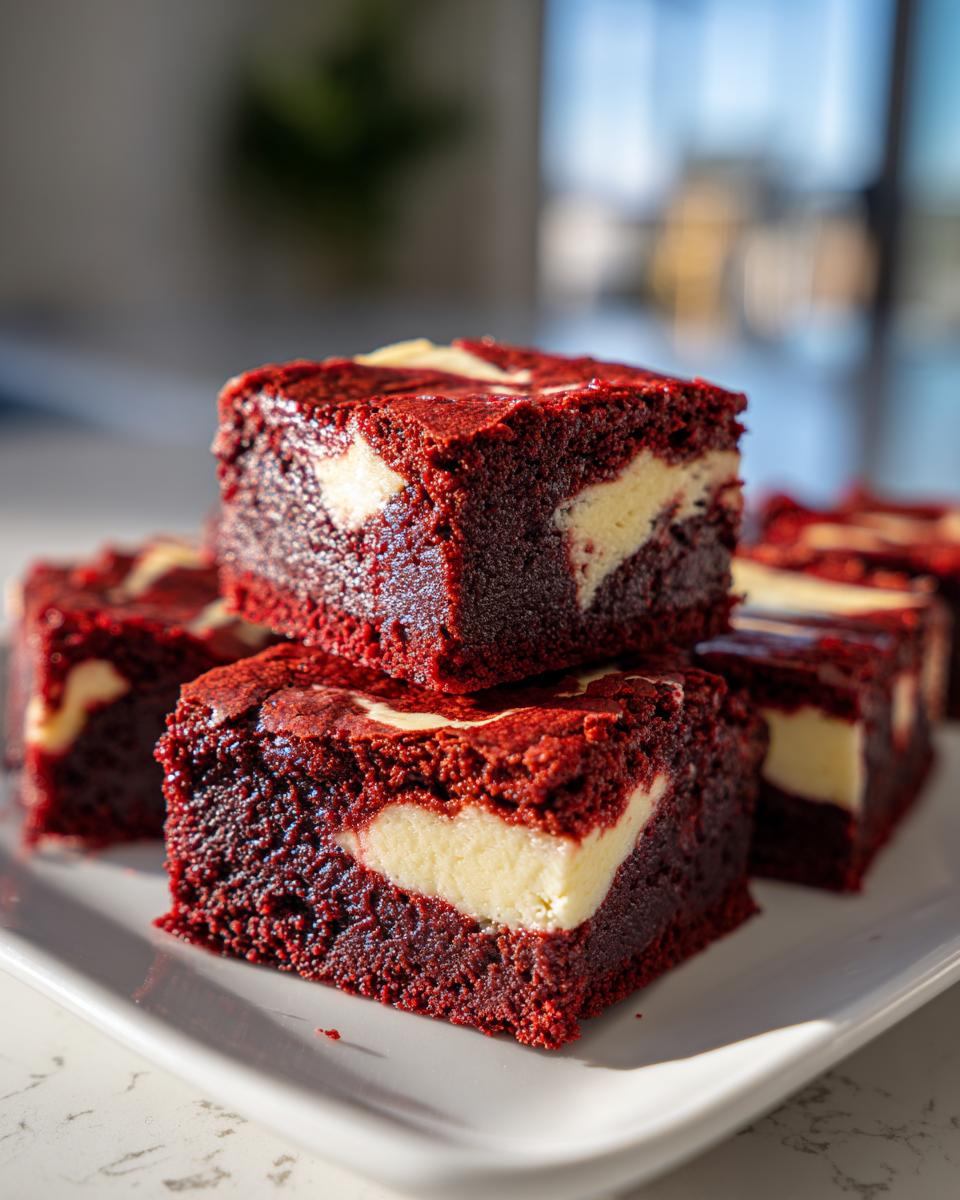 Close-up of stacked, rich red velvet cheesecake brownies showing the maroon cake and creamy white swirl.