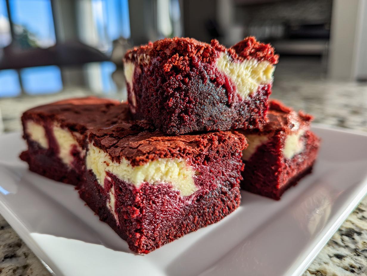 Close-up of stacked, rich red velvet cheesecake brownies showing the vibrant red cake and creamy white cheesecake swirl.