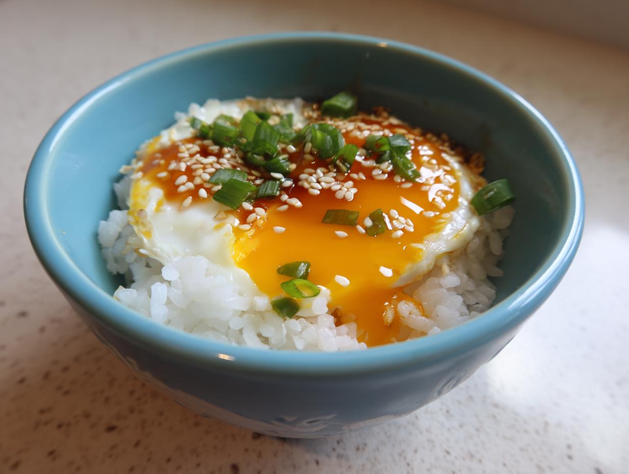 A close-up of a fried egg with a runny yolk served over white rice in a blue bowl, topped with sesame seeds and green onions.