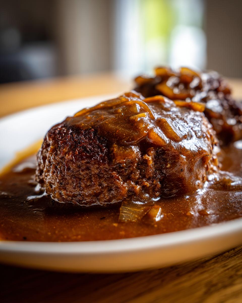 Close-up of a juicy salisbury steak patty smothered in thick brown gravy with caramelized onions.