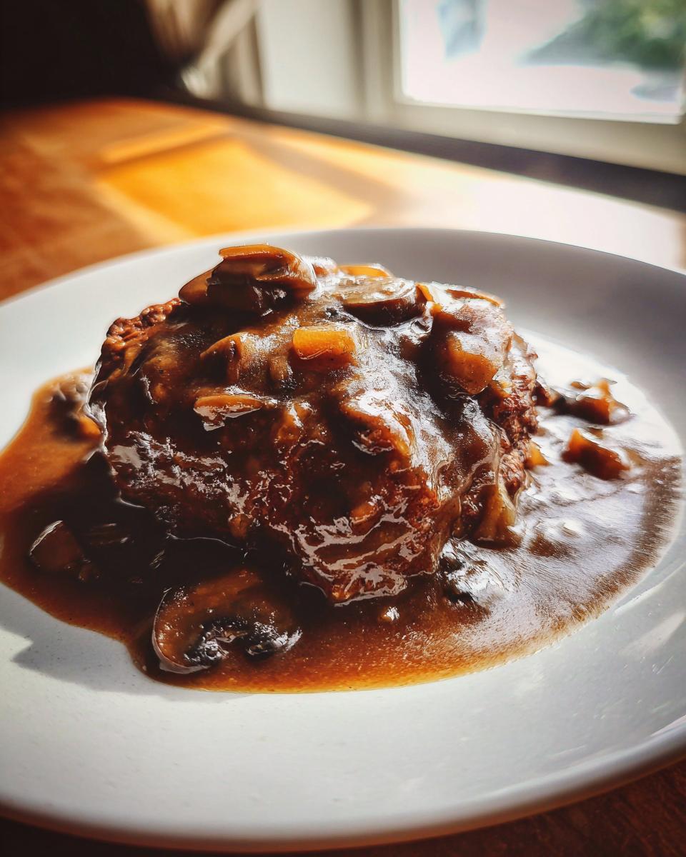 A close-up of a juicy salisbury steak smothered in rich mushroom gravy.