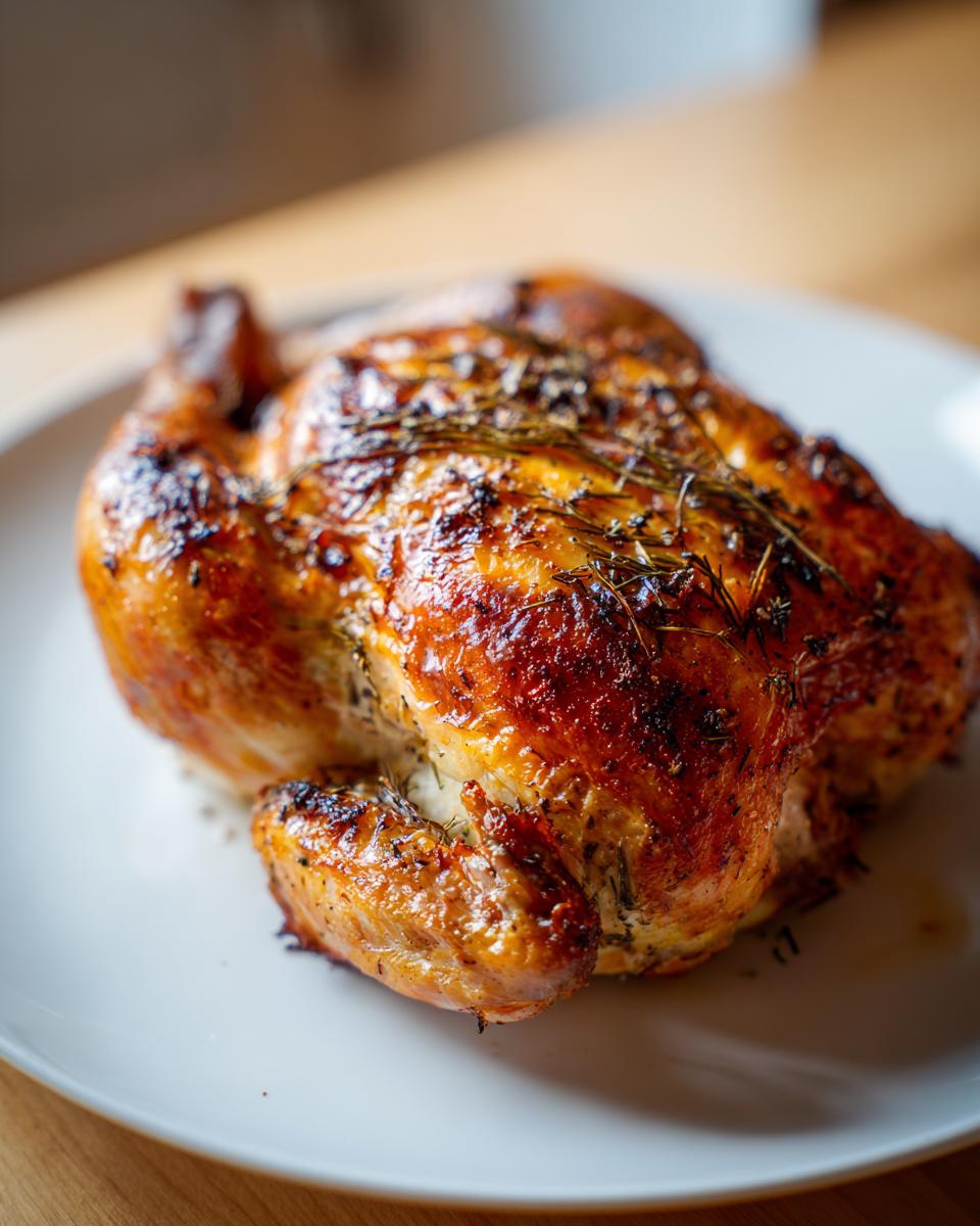 A beautifully roasted, golden-brown spatchcock chicken seasoned with herbs, resting on a white plate.