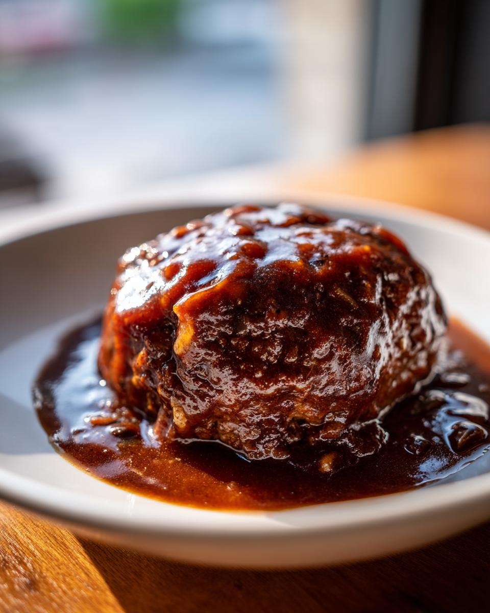 Close-up of a perfectly cooked salisbury steak patty smothered in thick, glossy brown gravy.