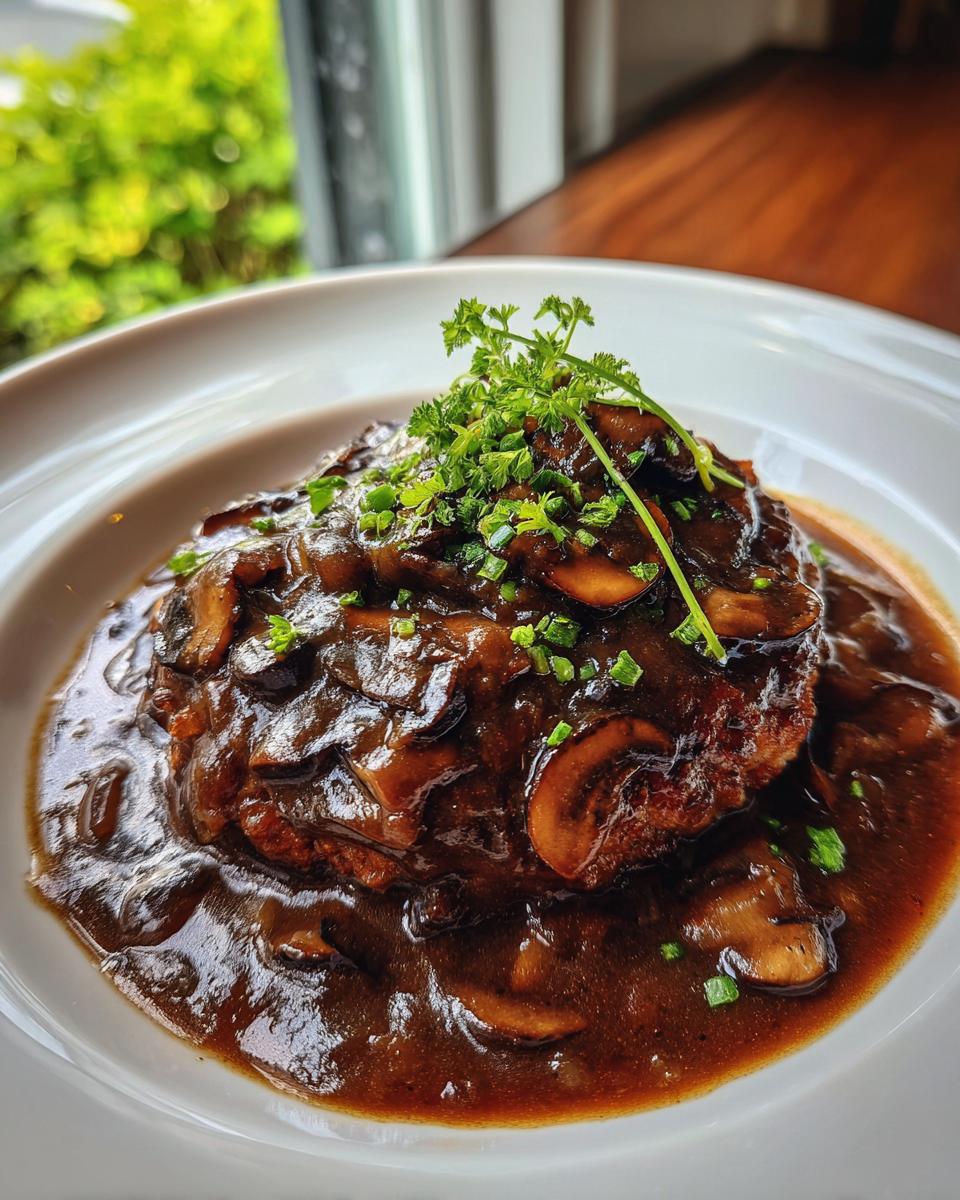 A perfectly cooked salisbury steak smothered in dark, rich mushroom gravy and garnished with fresh parsley.