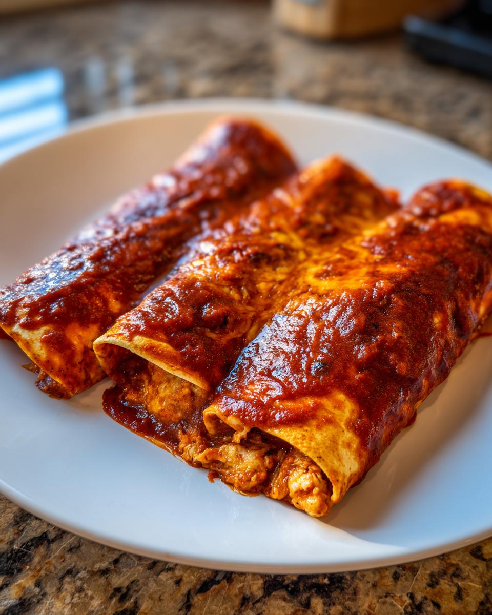 Three rolled tortillas covered in rich red sauce and melted cheese, representing delicious cheese enchiladas.