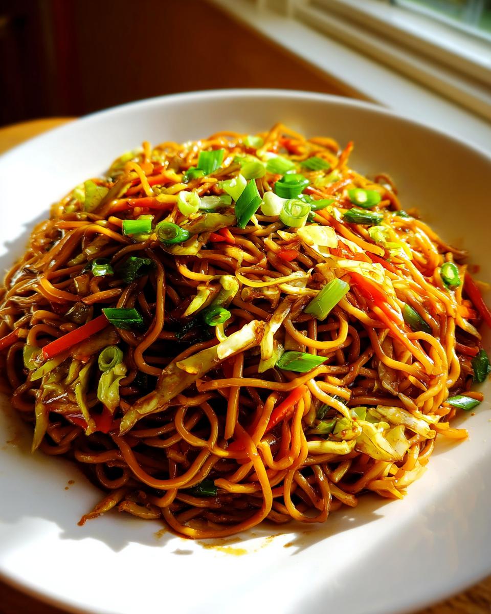 A close-up, brightly lit serving of savory fried noodles mixed with shredded cabbage and carrots, topped with fresh green onions.