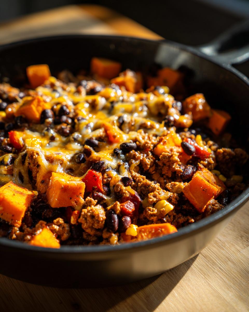 Close-up of a savory sweet potato skillet topped with melted cheese, featuring ground meat, black beans, and corn.