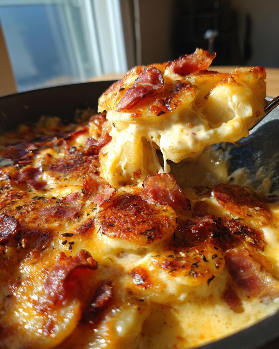 A spoonful of creamy, cheesy pierogi casserole topped with crispy bacon being lifted from the dish.