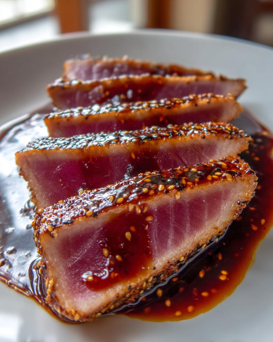Close-up of four slices of rare, sesame-crusted tuna steak drizzled with a dark, glossy sauce.
