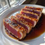 Five thick slices of perfectly seared tuna steak, rare in the center, coated in a sesame seed glaze.