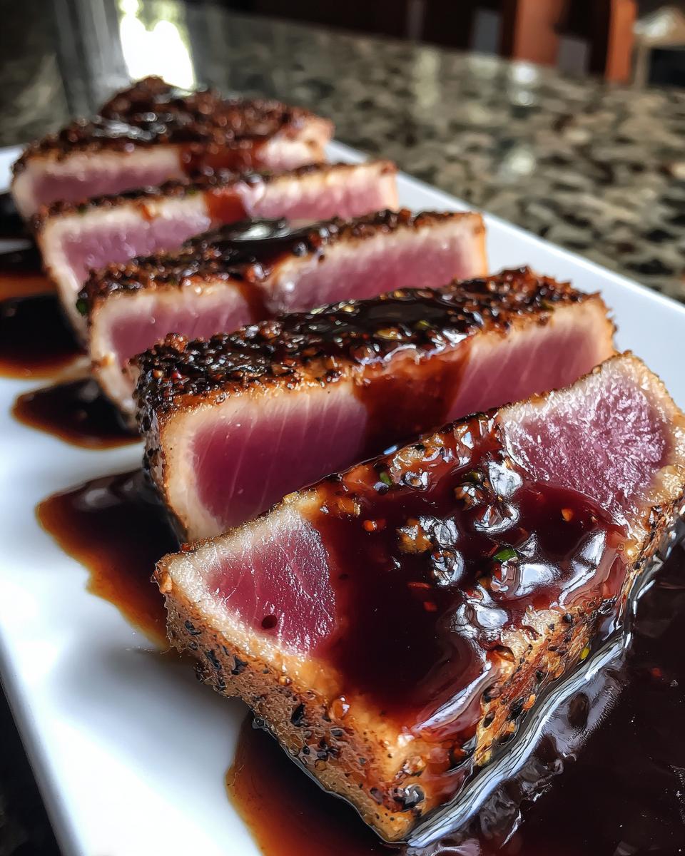 Four slices of perfectly seared tuna steak, rare in the center, covered in a dark, savory glaze.