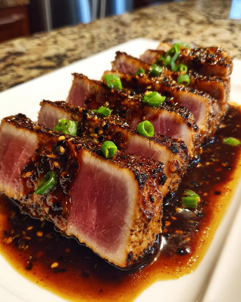 Close-up of perfectly seared, rare tuna steak, sliced and drizzled with a dark glaze and green onions.