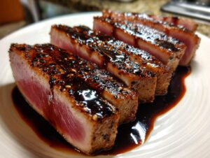 Five thick slices of perfectly seared rare tuna steak drizzled with a dark, sesame seed glaze.