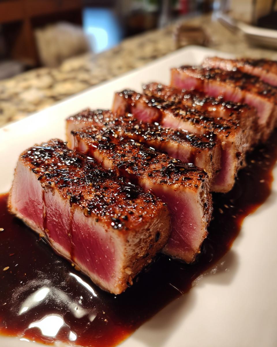 Slices of perfectly seared tuna steak, showing a rare pink center, coated in a dark sesame glaze.