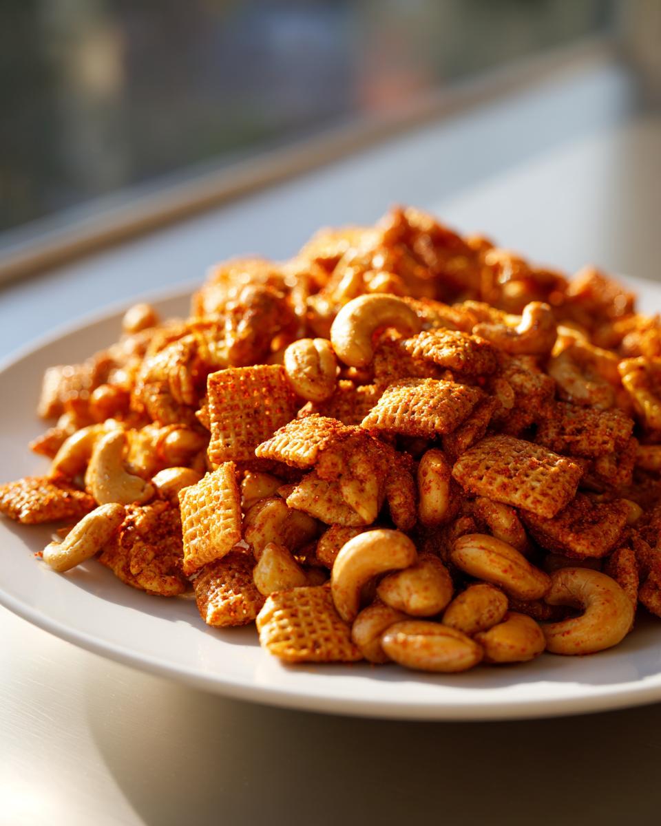 A close-up, appetizing pile of seasoned chex party mix featuring Chex cereal pieces and whole cashews on a white plate.